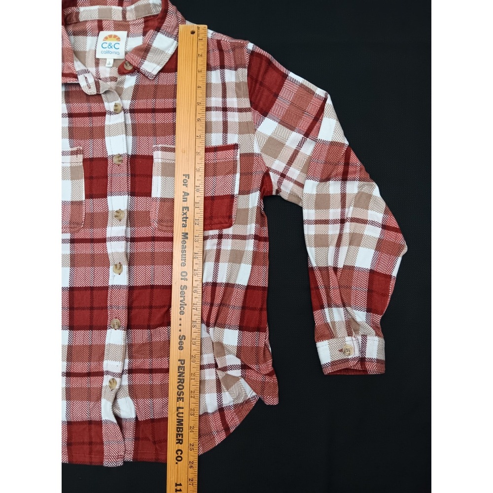 C&C California Womens Red Plaid Button Down Shirt Large Stretch Knit Flannel L - Picture 4 of 9